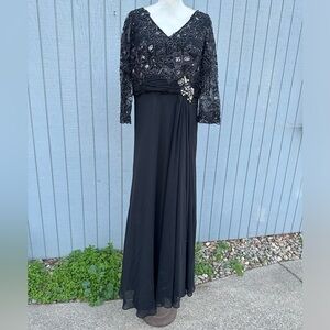 Chic Embroidered Black Gown with Sheer Over Skirt